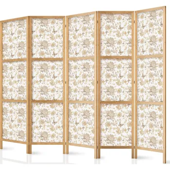 Paraván Japonský paraván - Béžové odstíny přírody: Květiny a motýli na bílém pozadí - ilustrace Velikost: 225x172 cm