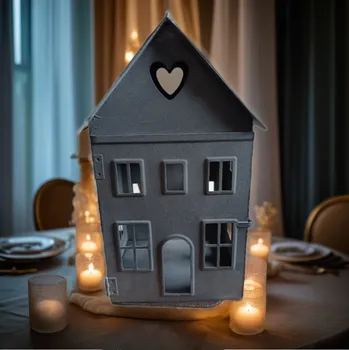 Dekorativní kovový domeček na svíčky - černý