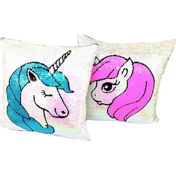 Dekorativní polštářek JAHU Polštářek Jednorožec s flitry modrá+růžová(40x40cm)