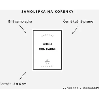 Samolepící etiketa CHILLI CON CARNE - Samolepka na kořenky 3 x 4 cm - DomaLEP varianta: BÍLÁ - tučné písmo
