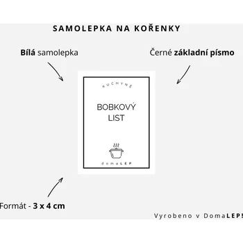 Samolepící etiketa BOBKOVÝ LIST - Samolepka na kořenky 3 x 4 cm - DomaLEP varianta: BÍLÁ - základní písmo