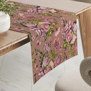 ubrus Bavlněný běhoun na stůl Sandra SA-554 Růže a hortenzie na hnědém 20x140 cm