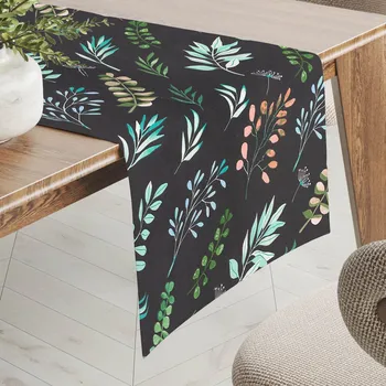 ubrus Bavlněný běhoun na stůl Sandra SA-556 Větvičky s lístky na černém 20x120 cm