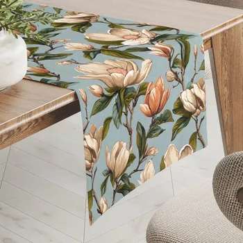 ubrus Bavlněný běhoun na stůl Sandra SA-545 Květy magnolie na šedomodrém 20x160 cm