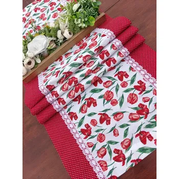 ubrus Běhoun - tulipány na bílé v kombinaci se červeným puntíkem