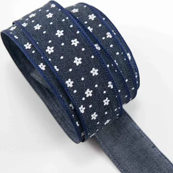 Stuha Jeansová stuha s kytičkami a puntíky - modrá, bílá - šířka 2,5 cm
