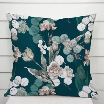 Povlak na polštářek Dekorační povlak na polštář TF-058 Květy s eukalyptem na tmavě zeleném 50 x 50 cm