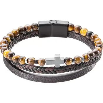 Náramek Náramek pánský koženka a korálky tygří oko s křížkem 43044.3 hnědý