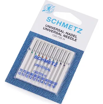 Strojové jehly Universal sdružené 70; 80; 90; 100 Schmetz na kartě, malé, nikl
