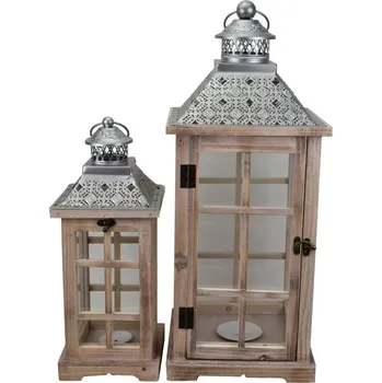 Lucerna Dřevěná lucerna přírodní velká 56,5 x 23,5 x 23,5 cm + malá 39,5 x 16 x 16 cm