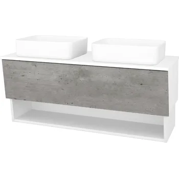 Koupelnový nábytek Dřevojas Koupelnová skříňka INVENCE SZZO 125 (2 umyvadla Joy) - L01 Bílá vysoký lesk / D01 Beton