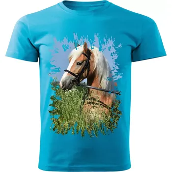 Pánské tričko Pánské tričko s koněm , kůň vzor 454 tyrkysové M (Pánské trička s koňskou hlavou , koněm , koňmi , kůň)