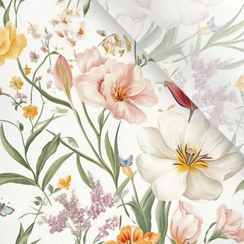 Umělé hedvábí / silky mírně elastické jarní květiny a motýli