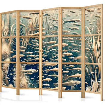 Paraván Japonský paraván - Život v oceánu - Podmořský svět ryb a vegetace v béžových a námořnických barvách v retro stylu Velikost: 225x172 cm