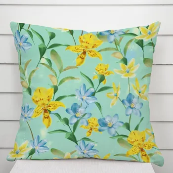 Povlak na dekorativní polštářek Dekorační povlak na polštář TF-082 Žluto-modré lilie na mintovém 50 x 60 cm