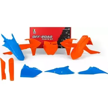 sada plastů KTM, RTECH (oranžovo-modrá, 7 dílů vč. krytů vidlic)