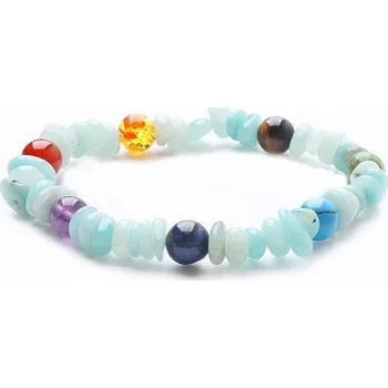 Náramek Amazonit náramek sekaný s čakrovými korálky obvod cca 17 až 24 cm