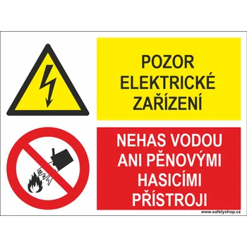 Pozor elektrické zařízení/Nehas vodou... samolepící vinylová fólie 200x300 mm