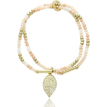 Náramek Yvon Dvouřadý náramek s fazetovaným sklem a přívěskem ve tvaru listu