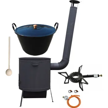 Kempingové nádobí Smaltovaný kotel 70 L na zabijačku + žáruvzdorná kotlina 53 PLUS 600 s roštem na popel 4 mm + plynový vařič 7,5 kW HU + vařečka