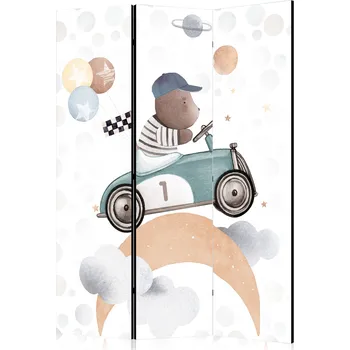 Paraván Paraván - Galaktické závody - Medvěd účastnící se automobilových závodů mezi planetami - Mraky - a hvězdy v pastelových odstínech Velikost: 135x172 cm, Provedení: Jednostranný