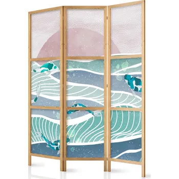 Paraván Japonský paraván - Koi ryba mezi vlnami: Japonská ryba uprostřed vln v odstínech tyrkysové a bílé Velikost: 135x172 cm