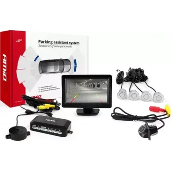 Parkovací asistent AMIO asistenty parkování TFT01 4,3" s kamerou HD-305 LED 4-senzorové stříbrné