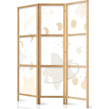 Paraván Japonský paraván - Pohádková galaxie - Měsíční fáze v odstínech žluté mezi hvězdami v béžových a popelavých barvách s hvězdným prachem. Velikost: 135x172 cm