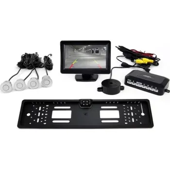 Parkovací asistent AMIO asistenty parkování TFT01 4,3” s kamerou CAM-402 LED v podložce pod SPZ, 4-senzorové, stříbrné
