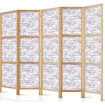 Paraván Japonský paraván - Ryba v tlumených barvách - hejno malých rybek ve světle fialové a jemné růžové proti šedým vlnám Velikost: 225x172 cm