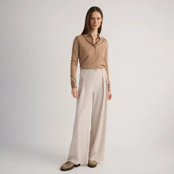 Dámské kalhoty Reserved - Kalhoty s širokými nohavicemi a páskem - béžová - YU033-08X - YU033-08X-XS