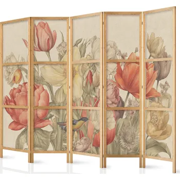Paraván Japonský paraván - Kytice s tulipány: Barevné květiny na světlém pozadí - ilustrace Velikost: 225x172 cm