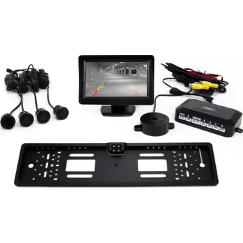 Parkovací asistent AMIO asistenty parkování TFT01 4,3” s kamerou CAM-402 LED v podložce pod SPZ, 4-senzorové, černé GOLD 18mm