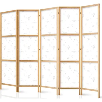 Paraván Japonský paraván - Akvarel: Letadla a balóny malované na bílém pozadí oblohy Velikost: 225x172 cm
