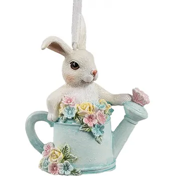 Závěsná dekorace králíček v modré konvičce s květy - 8*4*10 cm