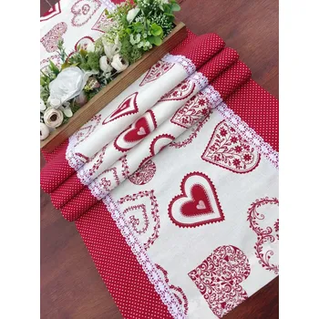 ubrus Běhoun - červená malovaná srdce na bílé s puntíkem