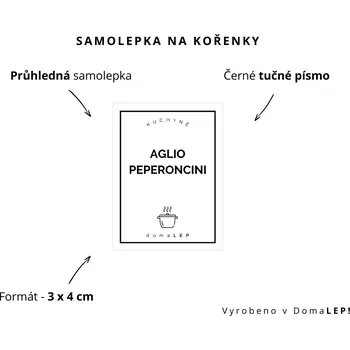 Samolepící etiketa AGLIO PEPERONCINI - Samolepka na kořenky 3 x 4 cm - DomaLEP varianta: PRŮHLEDNÁ - tučné písmo