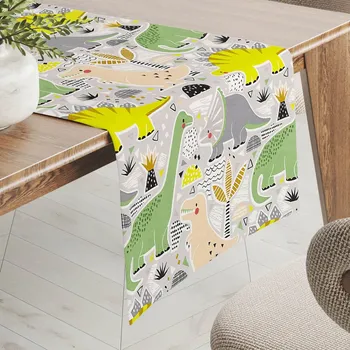 ubrus Dětský bavlněný běhoun na stůl Sandra SA-564 Dinosauři a brontosauři na šedém 20x120 cm