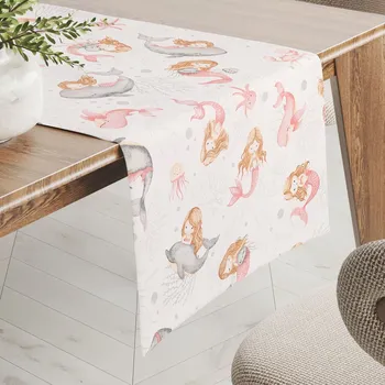 ubrus Dětský bavlněný běhoun na stůl Sandra SA-527 Růžové mořské panny s delfíny a velrybami na bílém 20x140 cm
