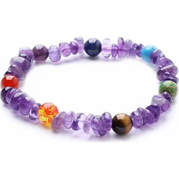 Náramek Ametyst náramek sekaný s čakrovými korálky obvod cca 17 až 23 cm