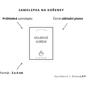 Samolepící etiketa HOUBOVÉ KOŘENÍ - Samolepka na kořenky 3 x 4 cm - DomaLEP varianta: BÍLÁ - základní písmo