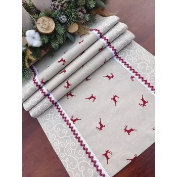 Vánoční dekorace Běhoun vánoční - červení vánoční jelínci na režné v kombinaci s režnou a červenou krajkou