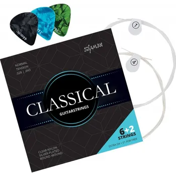 Struna pro kytaru a smyčcový nástroj Shaman Classical struny pro koncertní kytaru, 2 náhradní struny a 3 trsátka