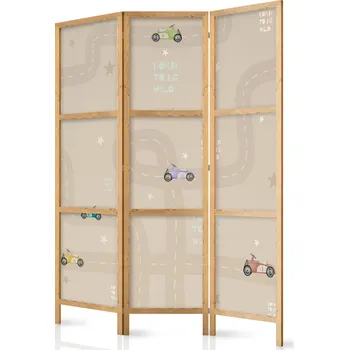 Paraván Japonský paraván - Závod - Barevná auta na silnici na béžovém pozadí s hvězdami. Velikost: 135x172 cm