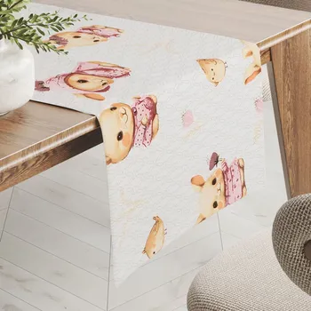 ubrus Dětský bavlněný běhoun na stůl Sandra SA-538 Růžoví zajíčci a ptáčci na bílém 20x120 cm