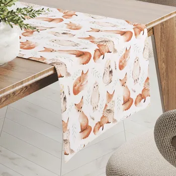 ubrus Dětský bavlněný běhoun na stůl Sandra SA-523 Lišky a sovy na bílém 20x160 cm