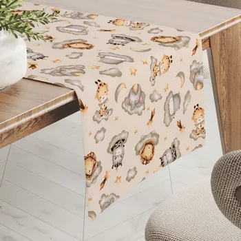 ubrus Dětský bavlněný běhoun na stůl Sandra SA-534 Africká zvířátka na obláčcích na šedobéžovém 20x140 cm