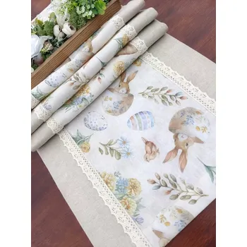 ubrus Běhoun - velikonoční zajíčci a vajíčka na béžové