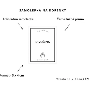 Samolepící etiketa DIVOČINA - Samolepka na kořenky 3 x 4 cm - DomaLEP varianta: PRŮHLEDNÁ - tučné písmo