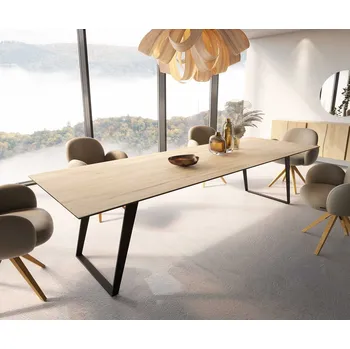 Jídelní stůl DELIFE Jídelní stůl Edge 300x100 keramika Laminam® Sabbia dubová barva kov šikmý černý